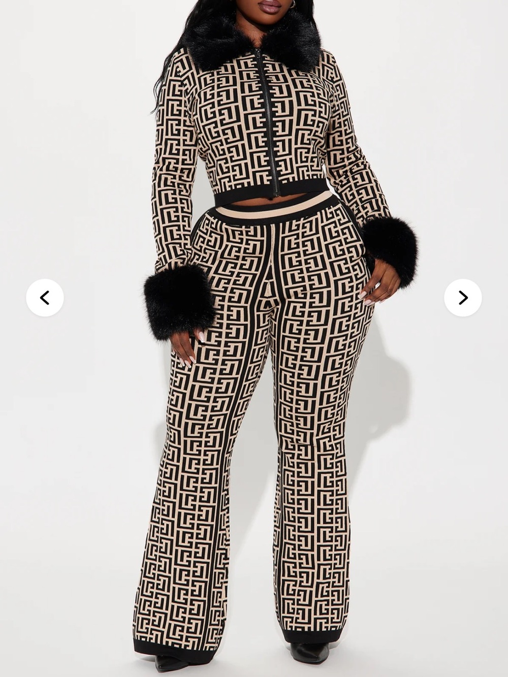 Beige & Black Geometric Boot-Cut Pants Set
